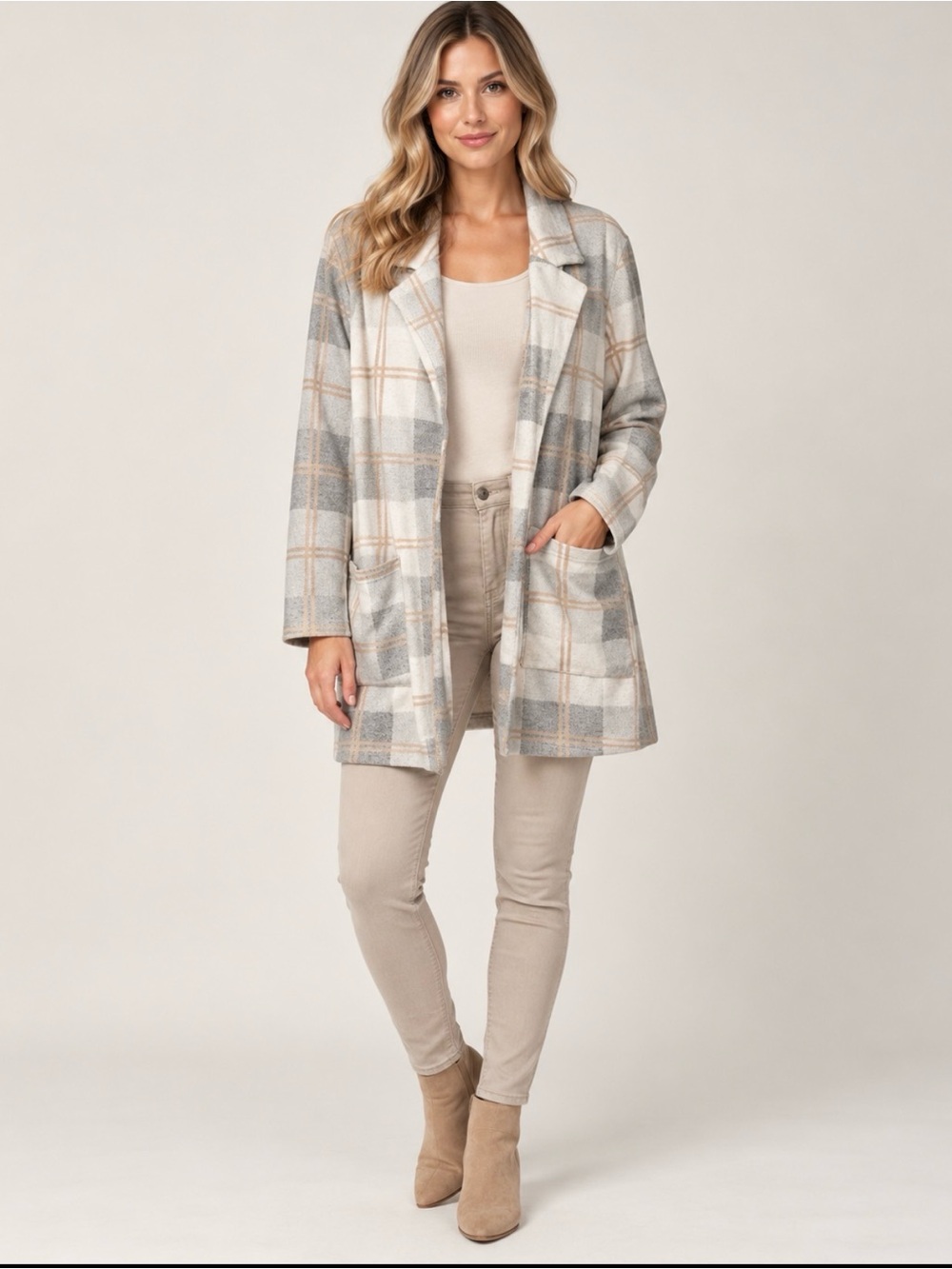 Open-Front Plaid Pea Coat in Cream & Gray